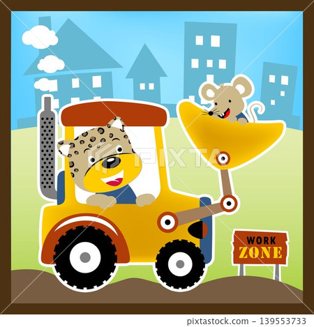 Funny leopard with mice on construction vehicle, vector cartoon illustration Funny leopard with mice on construction vehicle, vector cartoon illustration 139553733