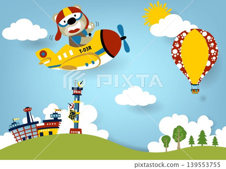 Funny bear on airplane with hot air balloon on airport scenery background, vector cartoon illustration Funny bear on airplane with hot air balloon on airport scenery background, vector cartoon illustration 139553755