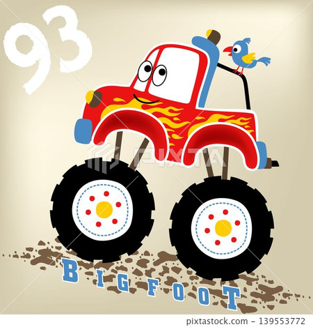 Funny monster truck with a little bird, vector cartoon illustration Funny monster truck with a little bird, vector cartoon illustration 139553772