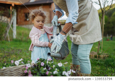 Elderly woman and little granddaughter planting flowers together in spring garden. Elderly woman and little granddaughter planting flowers together in spring garden. 139553794