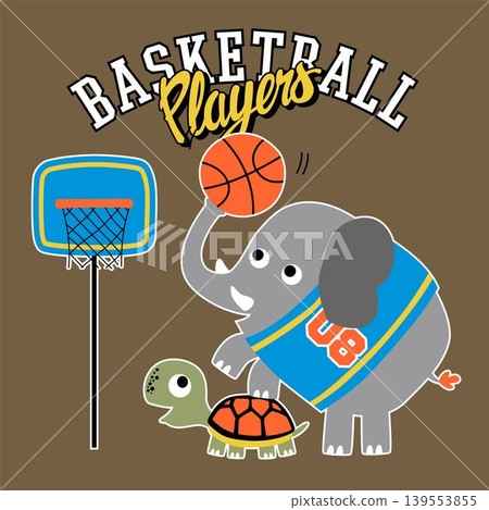 Funny elephant with turtle playing basketball, vector cartoon illustration 139553855