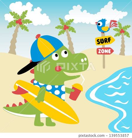 cute dinosaur holding surfboard and soft drink in the beach, little bird perching on signpost, vector cartoon illustration cute dinosaur holding surfboard and soft drink in the beach, little bird perching on signpost, vector cartoon illustration 139553857