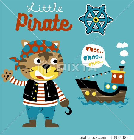 Funny cat in pirate costume with sailboat and steering wheel, vector cartoon illustration Funny cat in pirate costume with sailboat and steering wheel, vector cartoon illustration 139553861