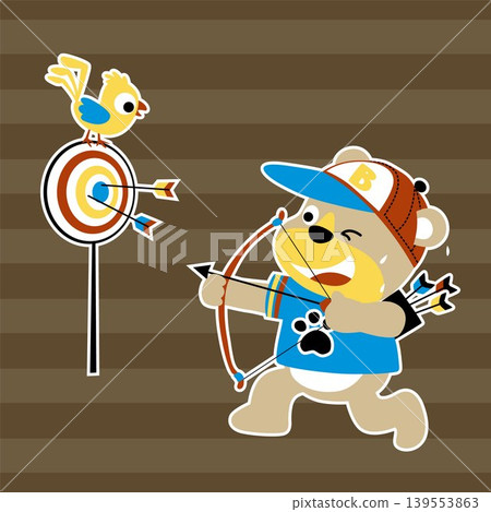 Cute bear playing archery, bird perching on archery target, vector cartoon illustration 139553863