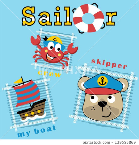 Funny bear and crab with sailing elements, vector cartoon illustration 139553869