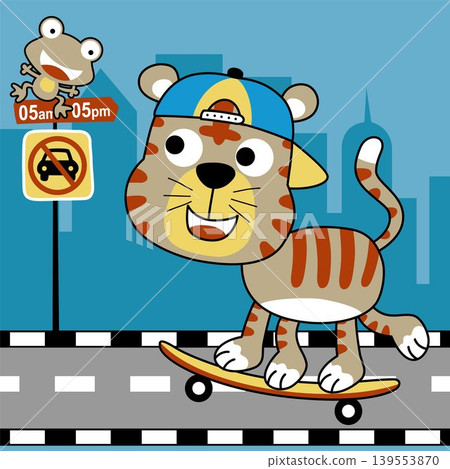 Funny cat playing skateboard in city road, frog sitting on road sign, vector cartoon illustration Funny cat playing skateboard in city road, frog sitting on road sign, vector cartoon illustration 139553870