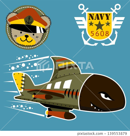 military submarine, military logo with funny bear wearing sailor cap, vector cartoon illustration military submarine, military logo with funny bear wearing sailor cap, vector cartoon illustration 139553879