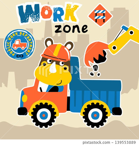 Cute rhinoceros driving dump truck with excavator on buildings background, vector cartoon illustration Cute rhinoceros driving dump truck with excavator on buildings background, vector cartoon illustration 139553889