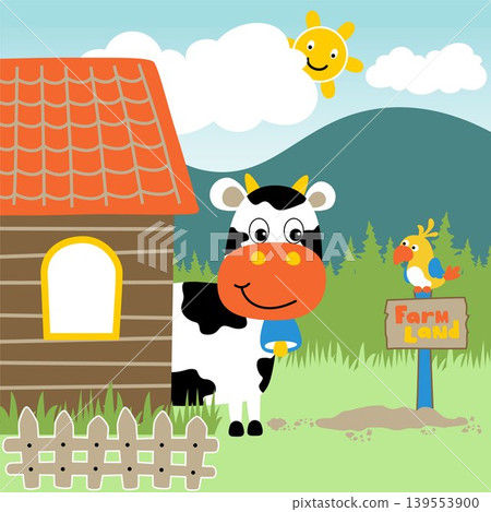 Funny cow with bird in the farmyard, smiling sunrise behind mountains, vector cartoon illustration 139553900