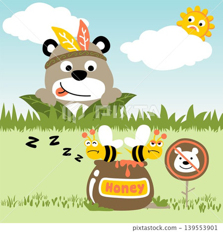 Cute bear wearing feather headdress hunting honey jar, bees guarding honey jar, vector cartoon illustration Cute bear wearing feather headdress hunting honey jar, bees guarding honey jar, vector cartoon illustration 139553901
