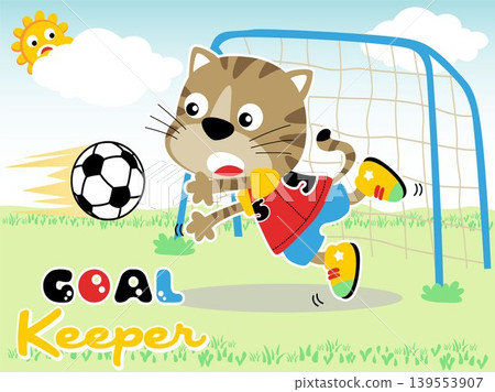 Funny cat playing soccer, cute sun behind clouds, vector cartoon illustration 139553907