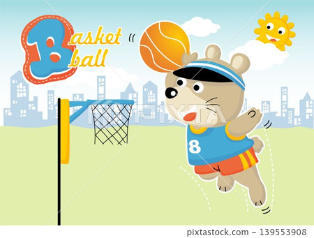 Cute bear playing basketball on buildings background, smiling sun behind clouds, vector cartoon illustration Cute bear playing basketball on buildings background, smiling sun behind clouds, vector cartoon illustration 139553908
