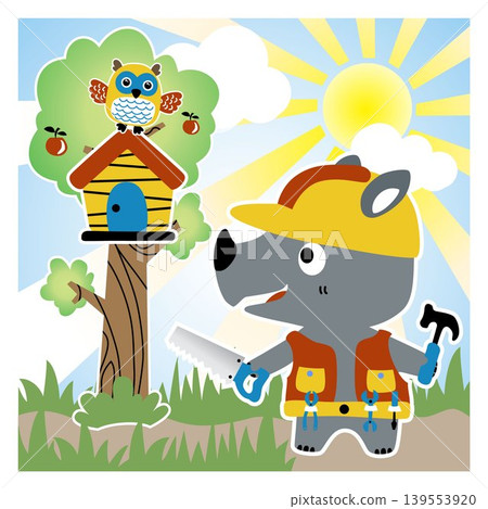 Cute rhinoceros with builder equipment, owl on tree house, sunrise on blue sky background, vector cartoon illustration Cute rhinoceros with builder equipment, owl on tree house, sunrise on blue sky background, vector cartoon illustration 139553920