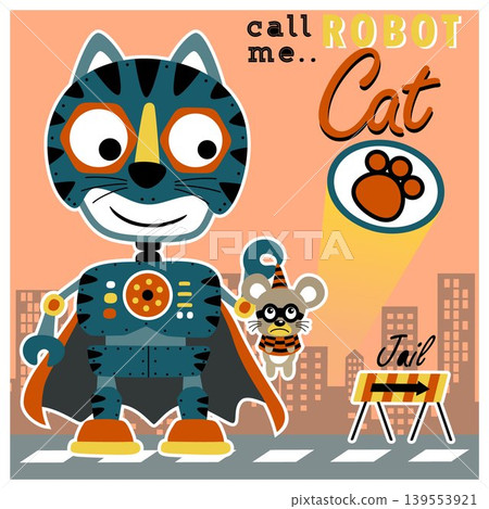 Funny robot cat catching criminal mouse on buildings background, vector cartoon illustration 139553921