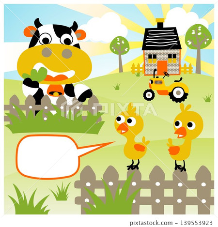 Funny farm animals in farm field, farming elements, vector cartoon illustration 139553923