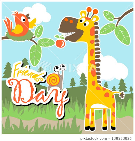 Funny giraffe biting fruit, bird on nest with snail in forest, vector cartoon illustration Funny giraffe biting fruit, bird on nest with snail in forest, vector cartoon illustration 139553925