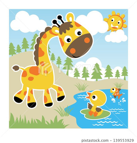 cute giraffe with little duck and fish in river, smiling sun behind clouds, vector cartoon illustration cute giraffe with little duck and fish in river, smiling sun behind clouds, vector cartoon illustration 139553929