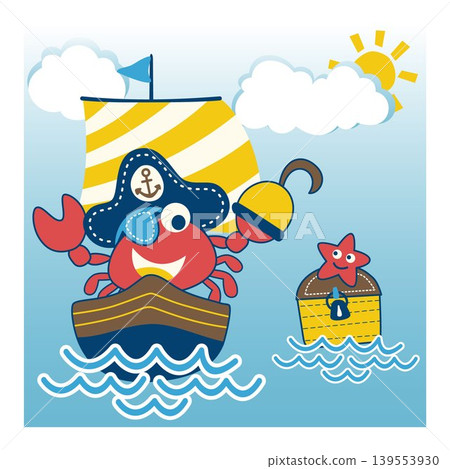 cute crab pirate on sailboat, starfish on treasure chest, vector cartoon illustration cute crab pirate on sailboat, starfish on treasure chest, vector cartoon illustration 139553930