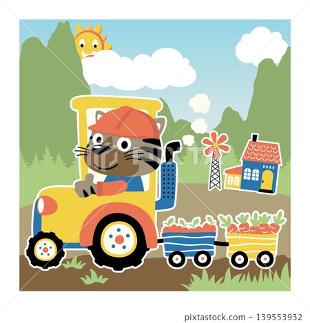 Funny cat driving tractor loading harvest on rural scene background Funny cat driving tractor loading harvest on rural scene background 139553932