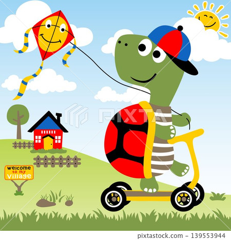 Funny turtle playing kite with scooter in countryside, vector cartoon illustration 139553944