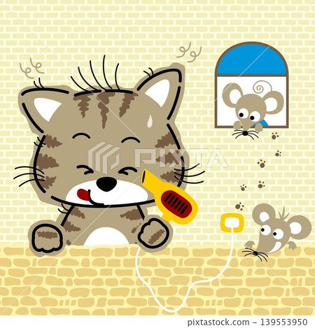 Little cat holding hair dryer with two mice on bricks wall background, vector cartoon illustration 139553950