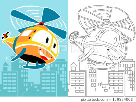 vector cartoon of helicopter on buildings background, coloring book or page vector cartoon of helicopter on buildings background, coloring book or page 139554008