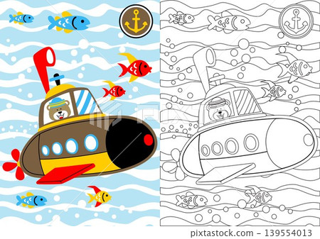vector cartoon of cute bear in submarine with fishes undersea, coloring book or page vector cartoon of cute bear in submarine with fishes undersea, coloring book or page 139554013