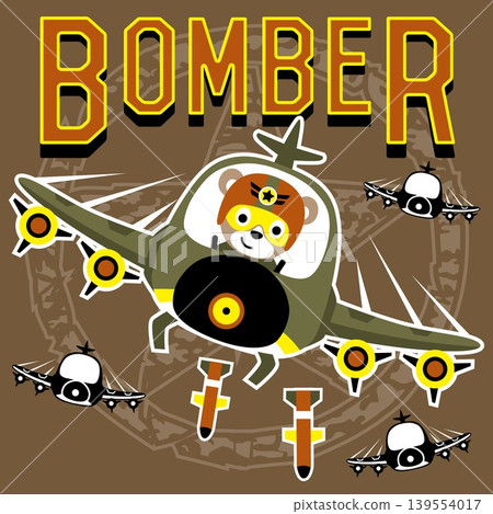 Funny bear on fighter jet dropping bomb, vector cartoon illustration Funny bear on fighter jet dropping bomb, vector cartoon illustration 139554017