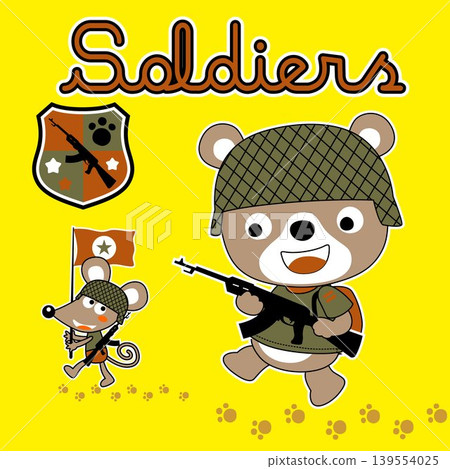 Cute bear and mice in soldier costume with weapon, vector cartoon illustration Cute bear and mice in soldier costume with weapon, vector cartoon illustration 139554025