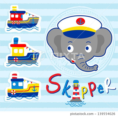 Cute elephant smile face with nautical vessel and lighthouse, vector cartoon illustration Cute elephant smile face with nautical vessel and lighthouse, vector cartoon illustration 139554026
