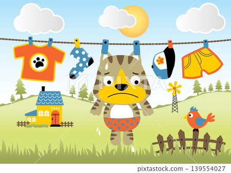 Cute kitten with clothes hanging in clothesline on rural scene background, bird on fence, vector cartoon illustration Cute kitten with clothes hanging in clothesline on rural scene background, bird on fence, vector cartoon illustration 139554027