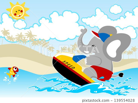 Cute elephant playing jet ski in the beach at summer holiday, little fish jump out from water, vector cartoon illustration Cute elephant playing jet ski in the beach at summer holiday, little fish jump out from water, vector cartoon illustration 139554028