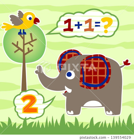 Cute elephant with bird learn to count, vector cartoon illustration Cute elephant with bird learn to count, vector cartoon illustration 139554029