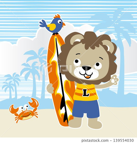 Cute lion holding surfboard with bird and crab on palm trees background, vector cartoon illustration Cute lion holding surfboard with bird and crab on palm trees background, vector cartoon illustration 139554030