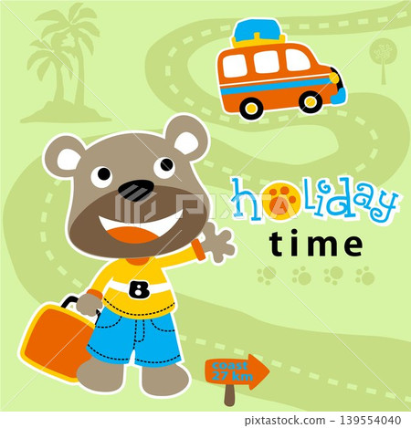 Vector cartoon of cute bear with travel bag waiting for bus Vector cartoon of cute bear with travel bag waiting for bus 139554040