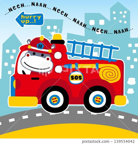 Cute hippo driving firetruck on buildings background, vector cartoon illustration 139554042