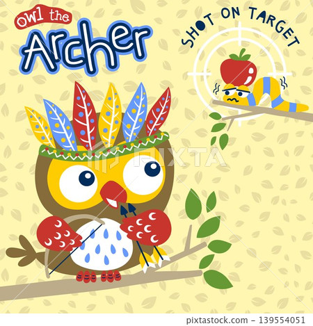 Cute owl with feather headdress playing archery, caterpillar with fruit the target, vector cartoon illustration Cute owl with feather headdress playing archery, caterpillar with fruit the target, vector cartoon illustration 139554051