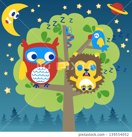 Cute animals sleeping on tree at night, vector cartoon illustration 139554052