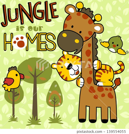 Cute tiger riding on giraffe with birds in forest, vector cartoon illustration 139554055