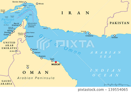 Gulf of Oman, or Sea of Oman, political map. Also known as Gulf of Makran or Sea of Makran. Gulf in the Indian Ocean, connecting the Arabian Sea with the Strait of Hormuz to the Persian Gulf. Vector 139554065