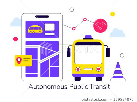 Autonomous Public Transit Vector Illustration Featuring Smart City Shuttle, Self Driving Bus, Modern Urban Transportation Technology Design 139554075