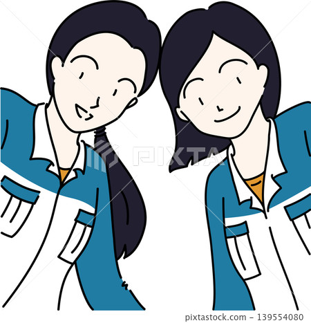 兩名身穿工作服(藍色制服)的女性的插圖 兩名身穿工作服(藍色制服)的女性的插圖 139554080