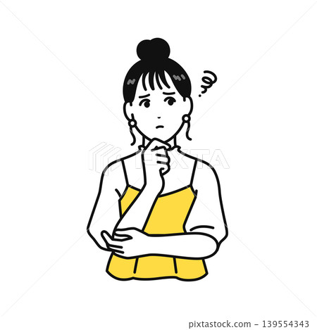 A young woman with her hair tied up, thinking, worrying, and questioning. A young woman with her hair tied up, thinking, worrying, and questioning. 139554343