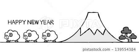 [Monochrome] New Year's card material: Simple sheep and Mt. Fuji 139554384