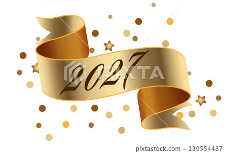 Gold ribbon with the numbers 2027 with confetti and stars on a white background. Surrounded by shimmering golden confetti and stars, this festive design is perfect for New Year celebrations. Vector  139554487