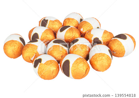 Chocolate balls wrapped in foil isolated on white background Chocolate balls wrapped in foil isolated on white background 139554818