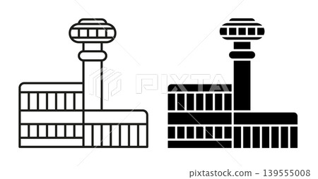 Linear icon. Airport building with a passenger arrivals area and a control tower. Simple black and white vector isolated on white background 139555008