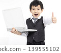 Happy  boy  gives thumbs up while using laptop 139555102