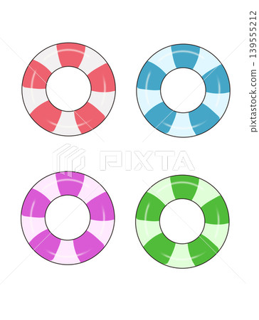 A set of four colorful inflatable rings with red, blue, purple, and green stripes. A set of four colorful inflatable rings with red, blue, purple, and green stripes. 139555212
