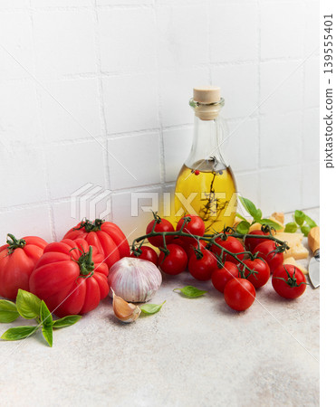 Fresh italian ingredients creating healthy cooking food background Fresh italian ingredients creating healthy cooking food background 139555401